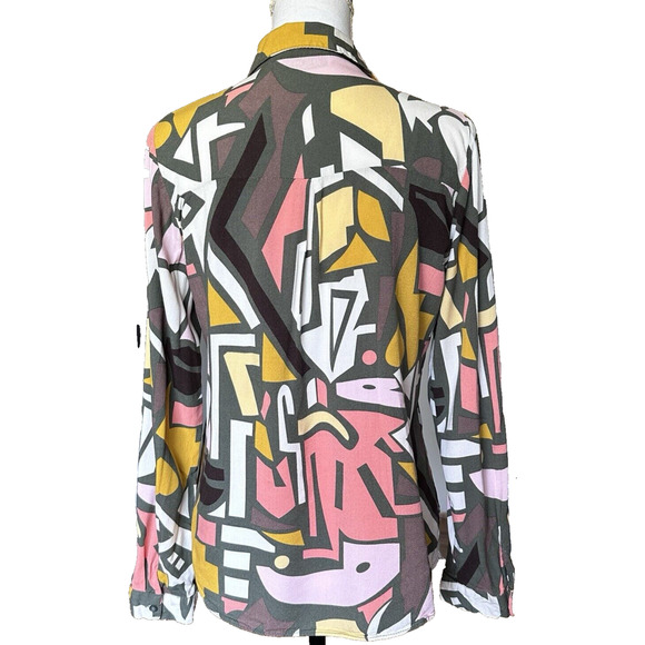 Big Dart Button Down Long Sleeve Blouse Medium-Large Pink Multi-Color‎ - Picture 2 of 6